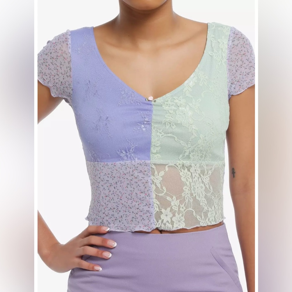 Sweet Society Pastel Lace Patchwork Crop Girls Top